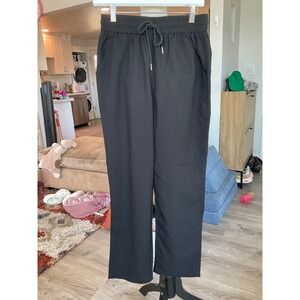 iWoo Mieinis Linen Cotton Black Drawstring Elastic Waist Straight Leg Pants S